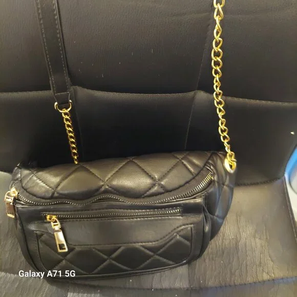 Black Crossbody Pouch Bag with Gold Tone Accented Srraps - Picture 1 of 7